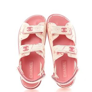 CHANEL Lambskin Printed CC Velcro Dad Sandals in White Pink Size 37.5